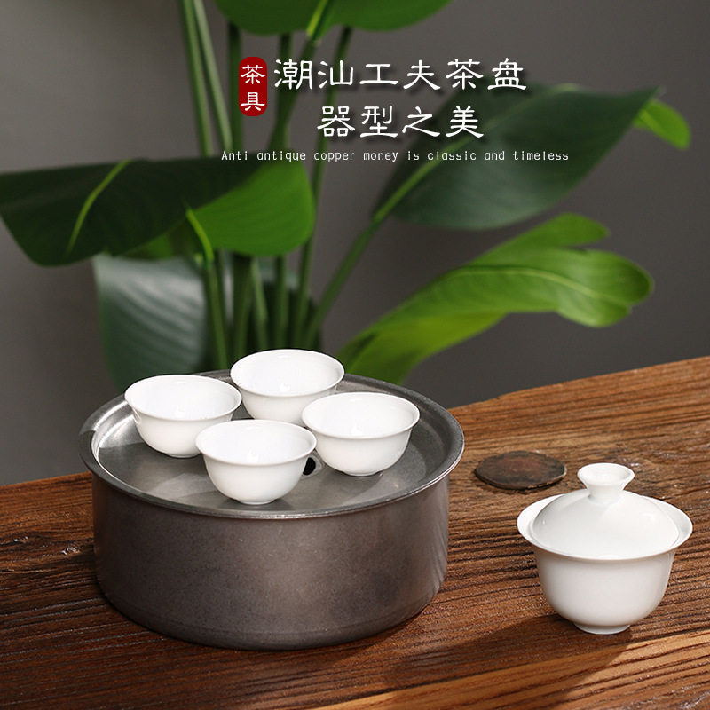 潮汕旅行功夫茶具套装复古304不锈钢露营茶盘圆形家用户外便携