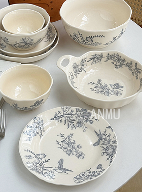 安木良品 大厂订单 法式ins奶油色中古风花鸟图陶瓷餐具碟碗盘子