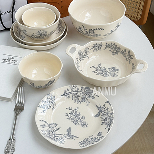 安木良品 大厂订单 法式ins奶油色中古风花鸟图陶瓷餐具碟碗盘子