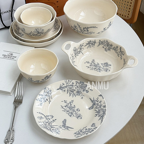 安木良品 大厂订单 法式ins奶油色中古风花鸟图陶瓷餐具碟碗盘子