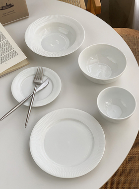 安木良品 外贸原单 北欧极简高级冷白色高温陶瓷餐具西餐汤碗盘子