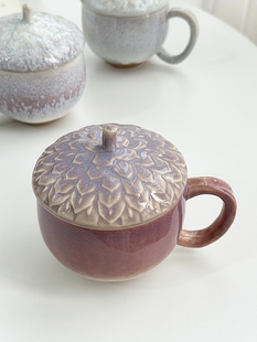 安木良品 外贸原单 超可爱复古ins重工艺橡果造型陶瓷盖杯马克杯