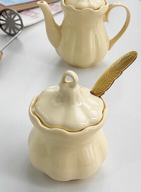 安木良品 外贸出口 北欧ins复古奶黄色陶瓷厨房酱油茶壶调料味罐