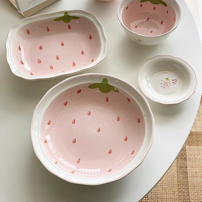 更新草莓餐具家用手柄碗可爱陶瓷