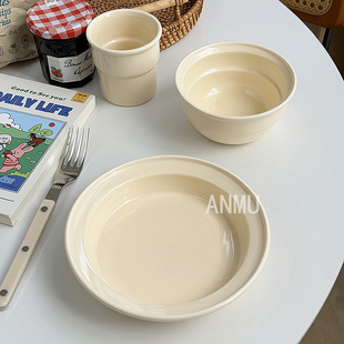 安木良品 出口订单 韩国ins风奶黄色陶瓷餐具早餐面包菜盘饭碗