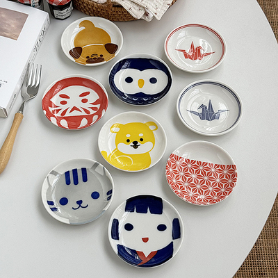 安木良品 外贸订单 日式可爱ins风卡通釉下彩陶瓷酱油醋蘸料味碟