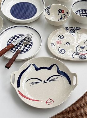 安木良品 大厂订单 日式和风可爱福猫格调设计釉下彩陶瓷餐具碗盘