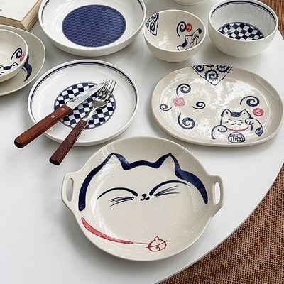 安木良品 大厂订单 日式和风可爱福猫格调设计釉下彩陶瓷餐具碗盘