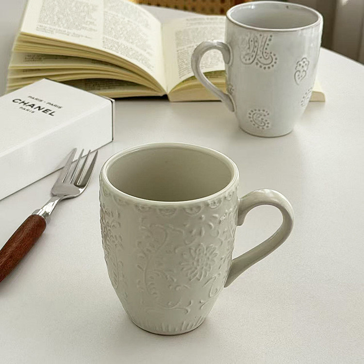 安木良品 出口订单 法式复古艺术浮雕牙白陶瓷咖啡杯早餐马克杯,餐饮具,马克杯,淘宝优惠券,粉丝福利购,淘宝优惠卷