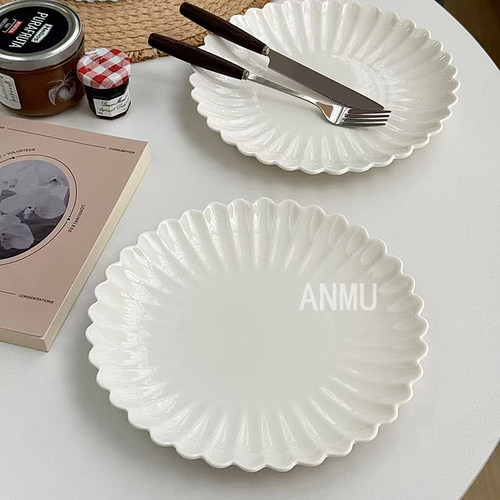 安木良品 外贸出口 日式极简精致菊皿纯白陶瓷西餐点心家用菜盘子