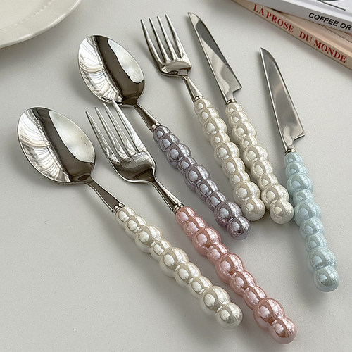 安木良品 韩国ins风少女心珍珠陶瓷手柄西餐餐具304不锈钢刀叉勺