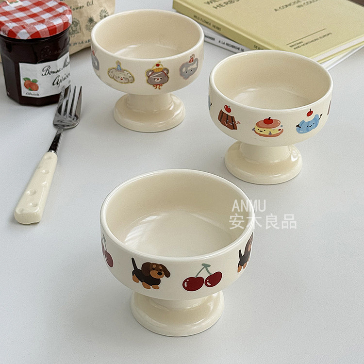 安木良品 大厂订单 韩国ins可爱卡通动物奶油色陶瓷高脚杯雪糕杯