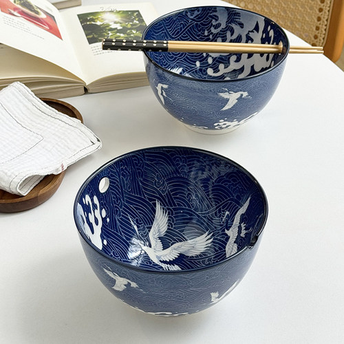 安木良品 外贸出口 日式ins风海浪仙鹤釉下彩陶瓷可放筷拉面汤碗