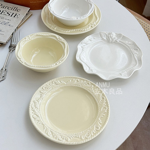 安木良品 大厂订单 法式浮雕花边ins风奶黄高温陶瓷餐具套装碗盘