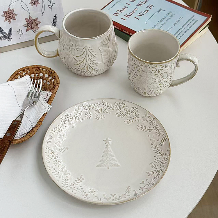 安木良品 外贸原单 法式田园节日圣诞树浮雕花边陶瓷马克杯餐盘子