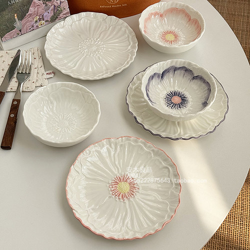 安木良品 出口订单 超美立体花蕊花朵釉下彩陶瓷餐具点心碟碗盘子