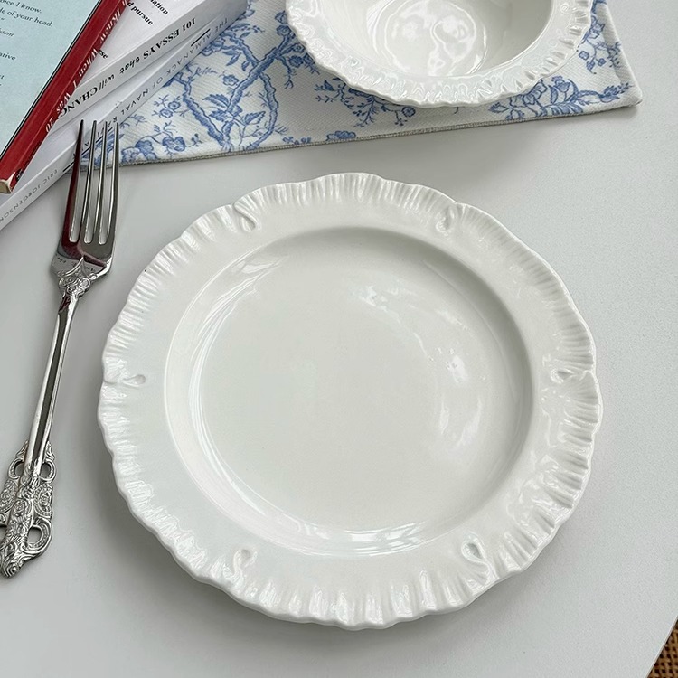 安木良品 出口订单 法式高级感唯美裙边陶瓷甜品点心汤碗西餐盘子