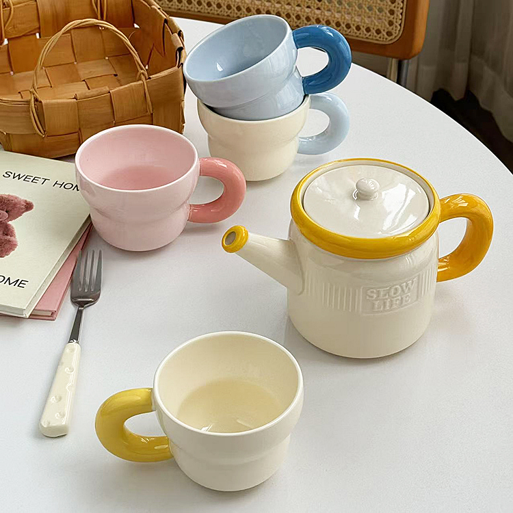 安木良品 大厂订单 韩国ins多巴胺釉下彩陶瓷茶壶套装咖啡马克杯