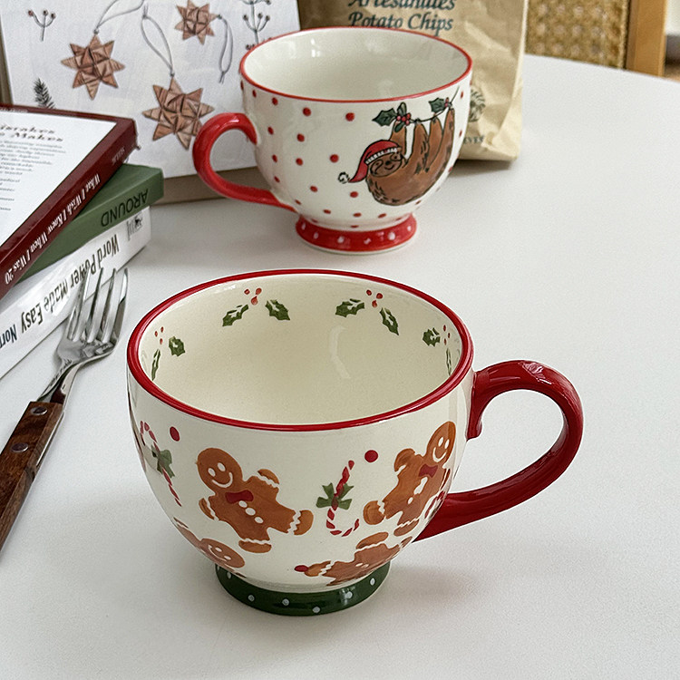 安木良品 外贸原单 复古可爱雪饼人树懒釉下彩陶瓷麦片早餐马克杯