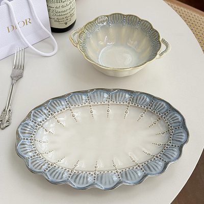 安木良品 外贸出口 复古浮雕窑变釉下彩陶瓷双耳汤碗大椭圆鱼盘