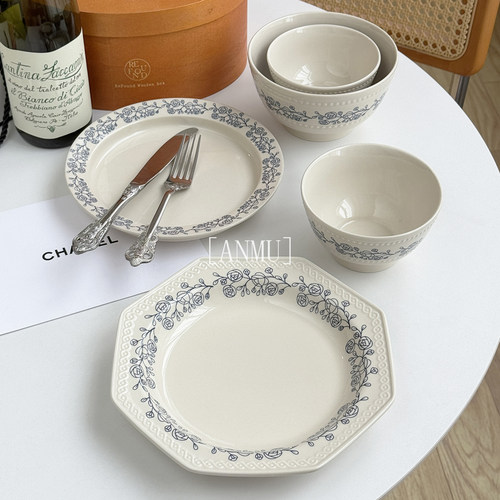 安木良品 外贸出口 法式ins中古风蓝玫瑰花边陶瓷汤面饭碗菜盘子