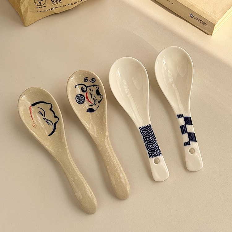 安木良品 大厂订单 日式和风ins可爱招财猫陶瓷调羹饭勺小勺汤勺