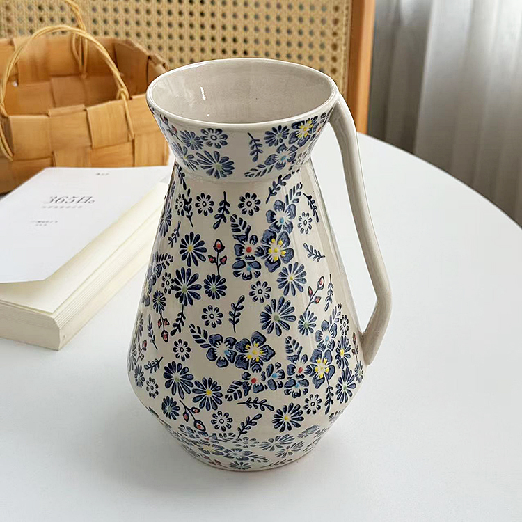 安木良品 外贸原单 法式复古ins手绘花釉下彩陶瓷冷水壶摆件花瓶