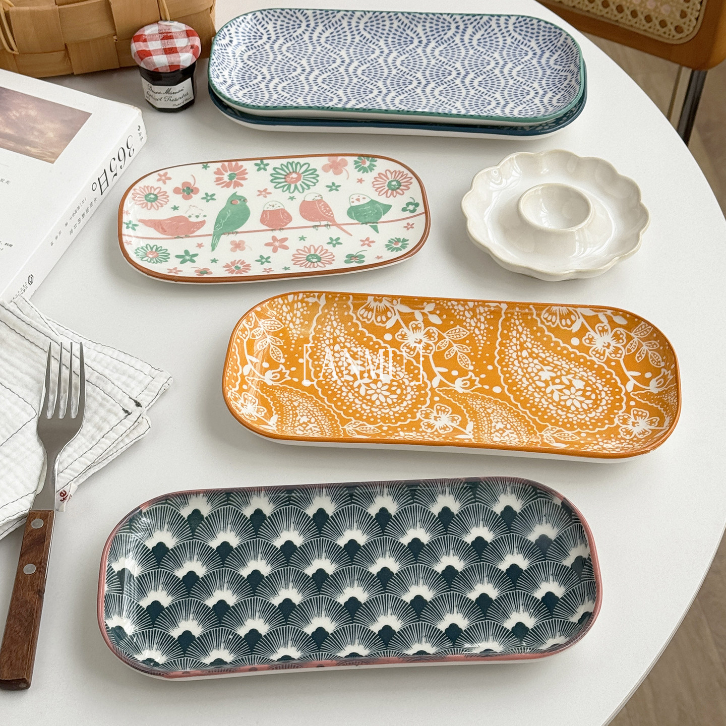 安木良品 外贸出口 日式ins风印花图腾釉下彩陶瓷饺子寿司长方盘