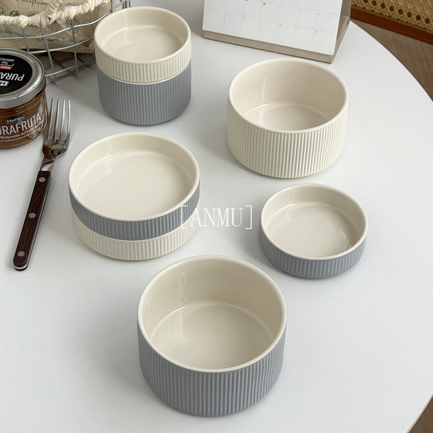 安木良品 外贸原单 北欧ins风简约条纹浮雕质感陶瓷味碟直身饭碗