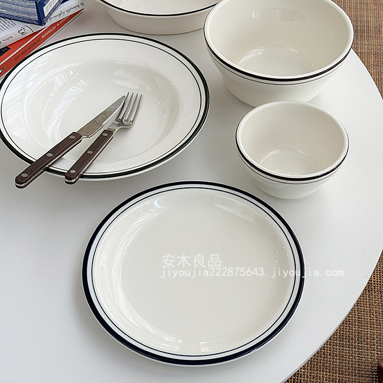 安木良品 外贸原单 法式ins极简线条边釉下彩陶瓷饭碗西餐草帽盘