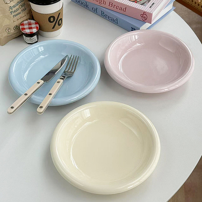 安木良品 大厂订单 韩国ins多巴胺色系有瑕疵陶瓷反口盘家用菜盘