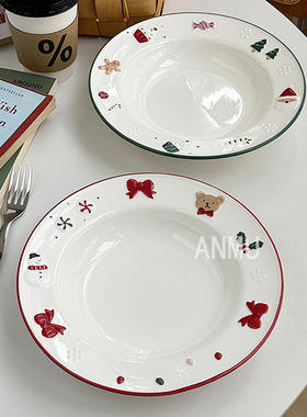 安木良品 外贸原单 北欧ins冬季手绘插画釉下彩陶瓷意面草帽汤盘