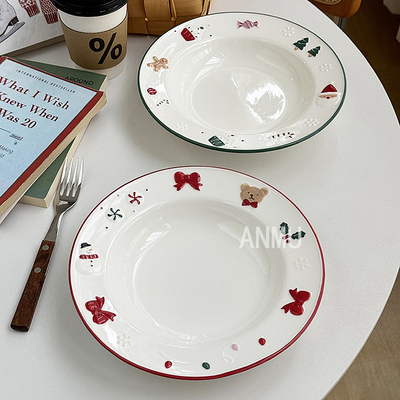 安木良品 外贸原单 北欧ins冬季手绘插画釉下彩陶瓷意面草帽汤盘