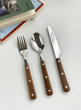 安木良品 韩国ins风西餐轻奢复古仿木纹刀叉勺子不锈钢厨房餐具