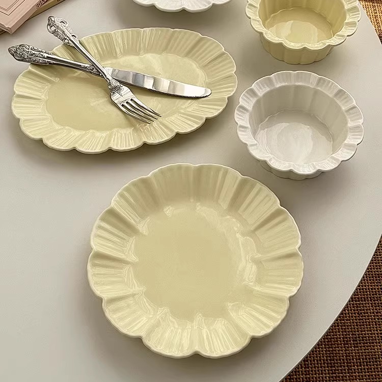 安木良品 大厂订单 韩国ins黄白配色百褶花边陶瓷餐具饭碗菜盘子