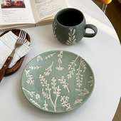安木良品 外贸出口 田园复古叶片重工隔离釉高温陶瓷马克杯餐盘子