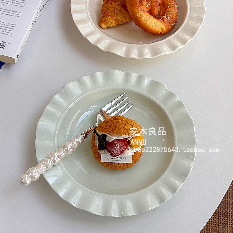 安木良品 大厂订单 韩国ins风超美奶盐色珠点花边陶瓷西餐菜盘子