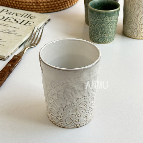 安木良品 外贸原单 法式复古重工蕾丝浮雕陶瓷手握杯咖啡杯茶杯子