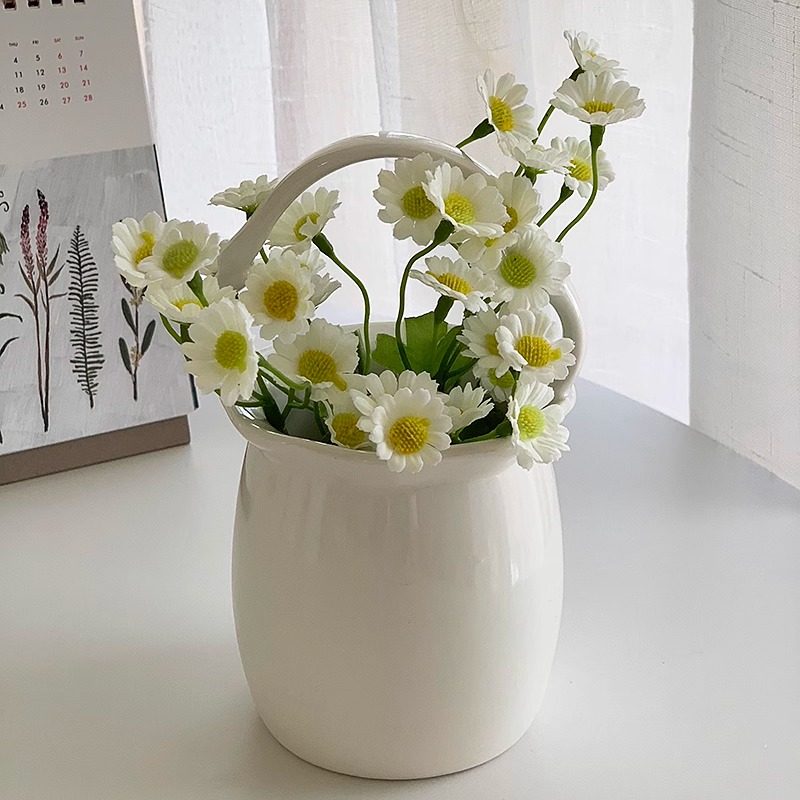 安木良品 纯白陶瓷创意花盆厨房筷子筒 手提花篮形状花瓶