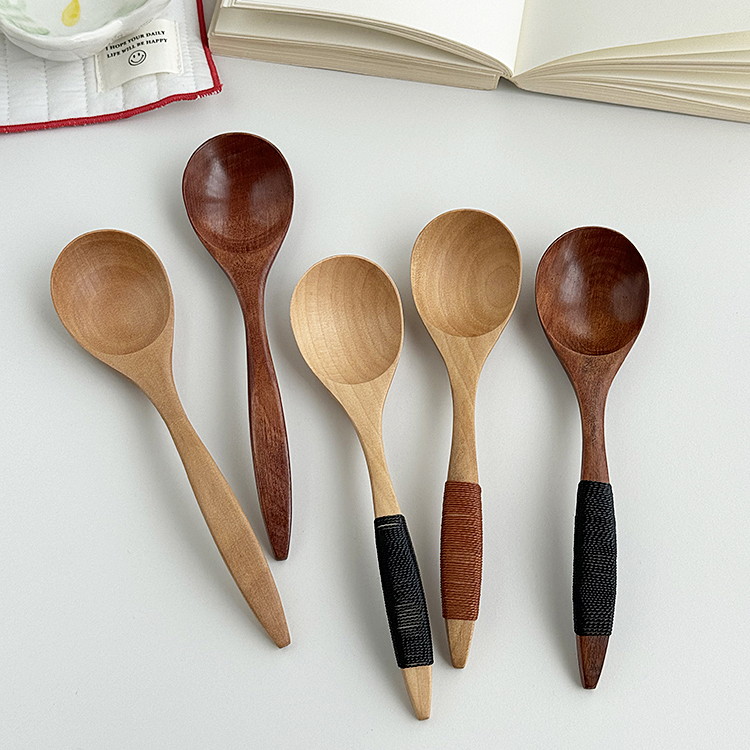 安木良品 日式ins复古原木缠线汤面捞面粥饭圆勺实木韩式家用勺子