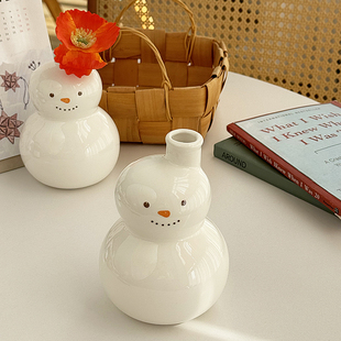 安木良品 外贸原单 北欧ins冬日可爱小雪人造型陶瓷摆件插花花瓶