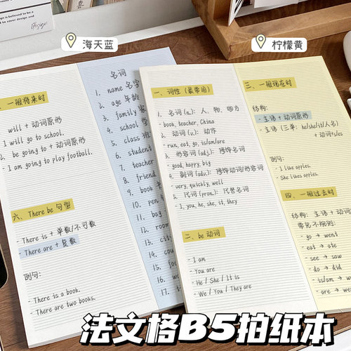 B5拍纸本双面法文格拼色ins风侧翻横线笔记本学生手账摘抄记事本手账本高颜值横线本日记本考研高级纯色小众