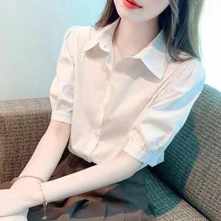 白衬衫女短袖夏天薄款POLO领衬衫雪纺上衣设计感职业面试衬衣女潮