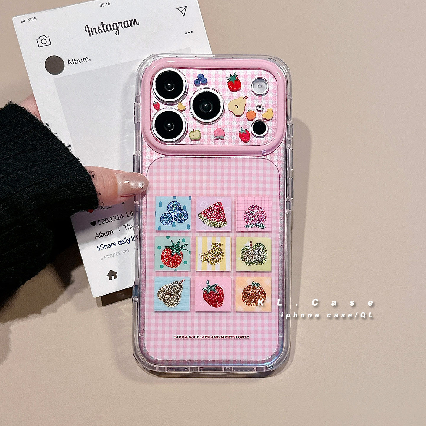 壳侣 ins粉色格纹銮金水果适用苹果17手机壳iPhone17promax新款16防摔保护套15硅胶全包镜头小众高级感女软外