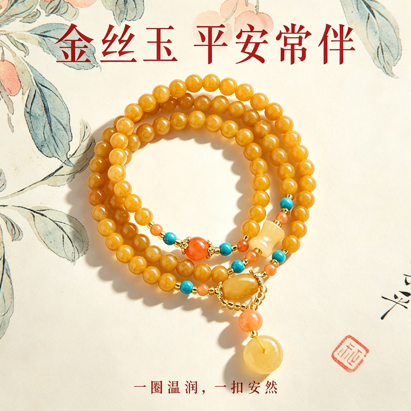天然金丝玉手串女新中式招财转运平安扣补土黄玉串珠多圈手链叠戴
