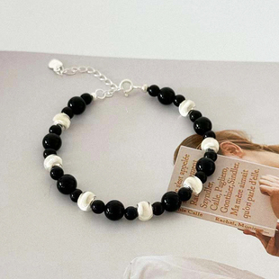 925纯银手链天然黑曜石银饰珠串转运水晶手串女ins小众设计高级感