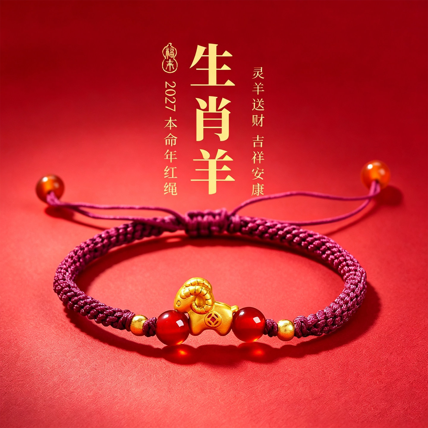 2027羊年本命年红绳手链女款招财转运珠红玛瑙编织情侣红色手绳男