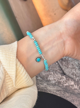 高瓷绿松石纯银竹节手链