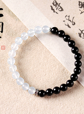 黑曜石蓝玉髓水晶招财好运手串