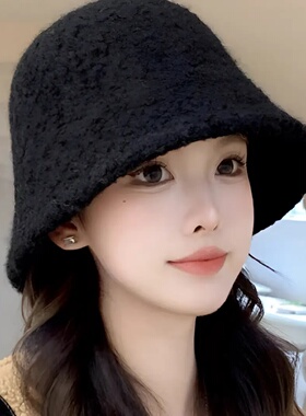 秋冬羊羔毛渔夫帽黑色显脸小
